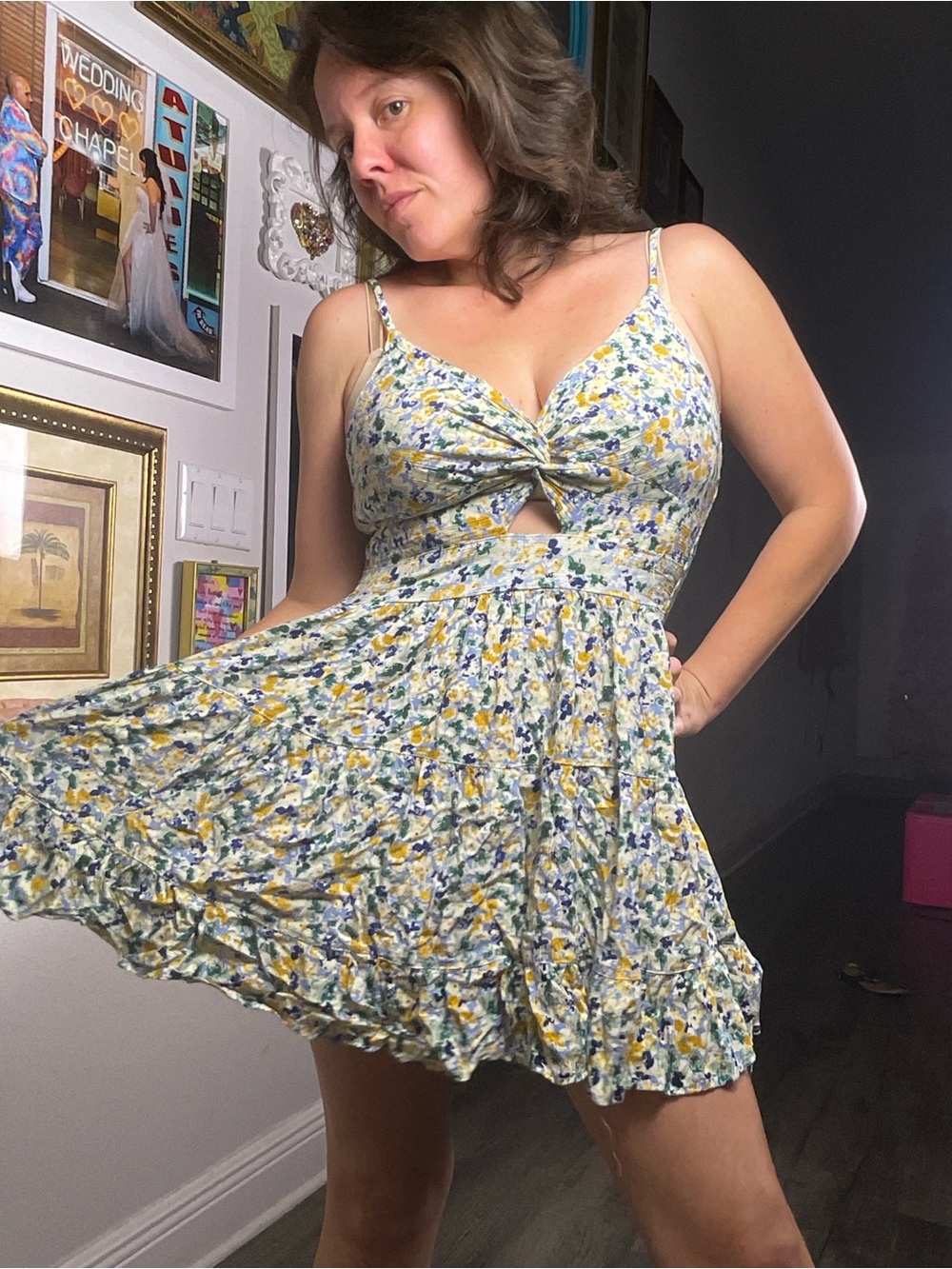 Angie boho floral tiered mini sundress size large rayon keyhole babydoll a-line - Picture 2 of 11